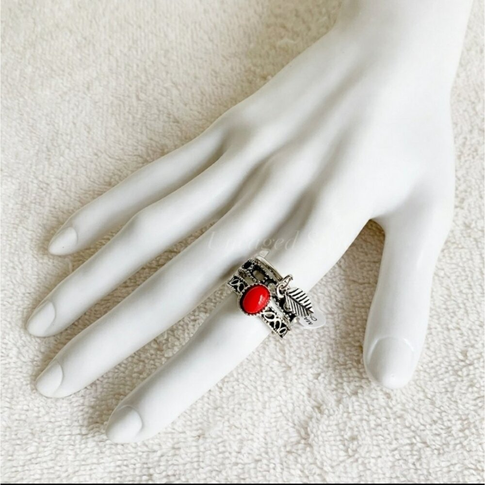 3 ring set boho feather rhinestone red stone